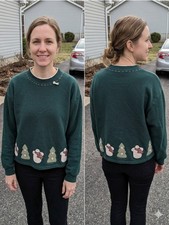 Vintage 90s Jerzees Snowman Christmas Tree Green Sweatshirt USA Large Applique