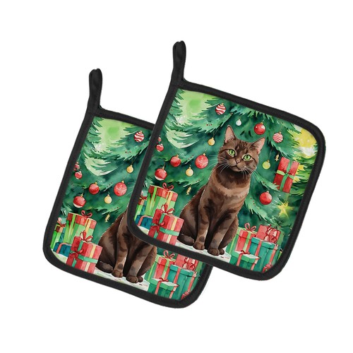 York Chocolate Cat By the Christmas Tree Pair of Pot Holders Dac7271Pthd