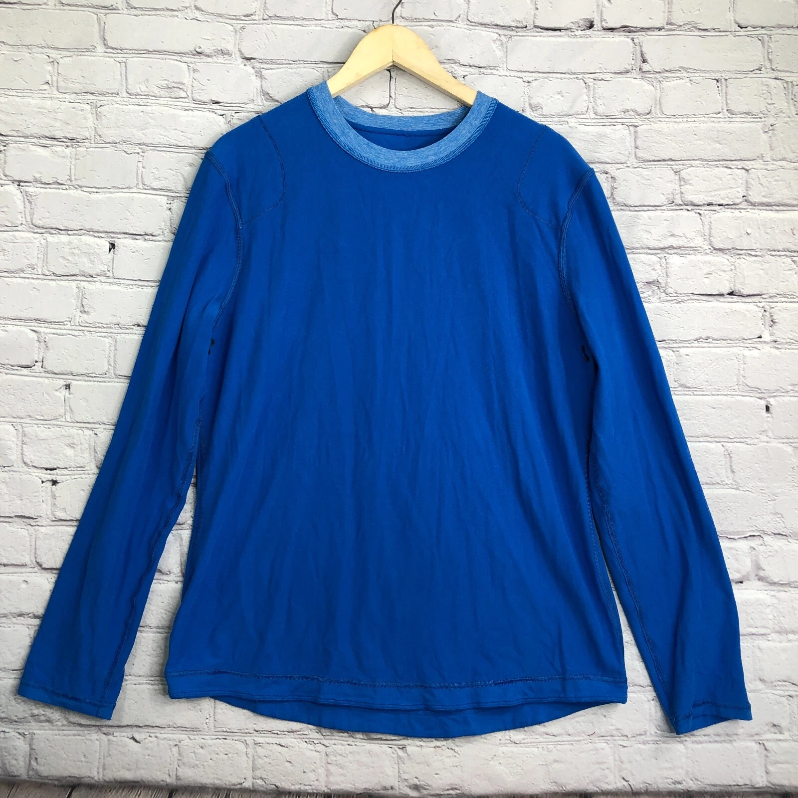 Lululemon Shirt Men Large Blue Pullover Elbow Patches Vent Logo Soft Long Sleeve
