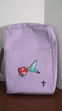Lavender Purple HUMMINGBIRD & CROSS BIBLE COVER w/ Handle 11" x 9"    (eo)