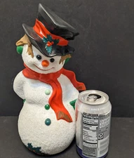 Snowman Figurine Hiding Candy Cane  Glitter Ceramic Byron Mold 11" Tall 1981