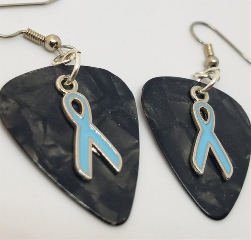 Light Blue Ribbon Charm Guitar Pick Earrings with Surgical Steel Earwires - Picture 6 of 10