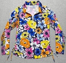 IBKUL Top Womens Small Blue Orange Floral Ruched Side 1/4 Zip Performance Shirt