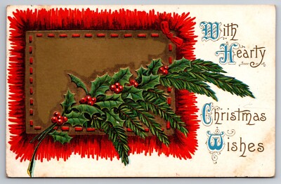 With Hearty Christmas Wishes Branch of Holly c1910 Postcard