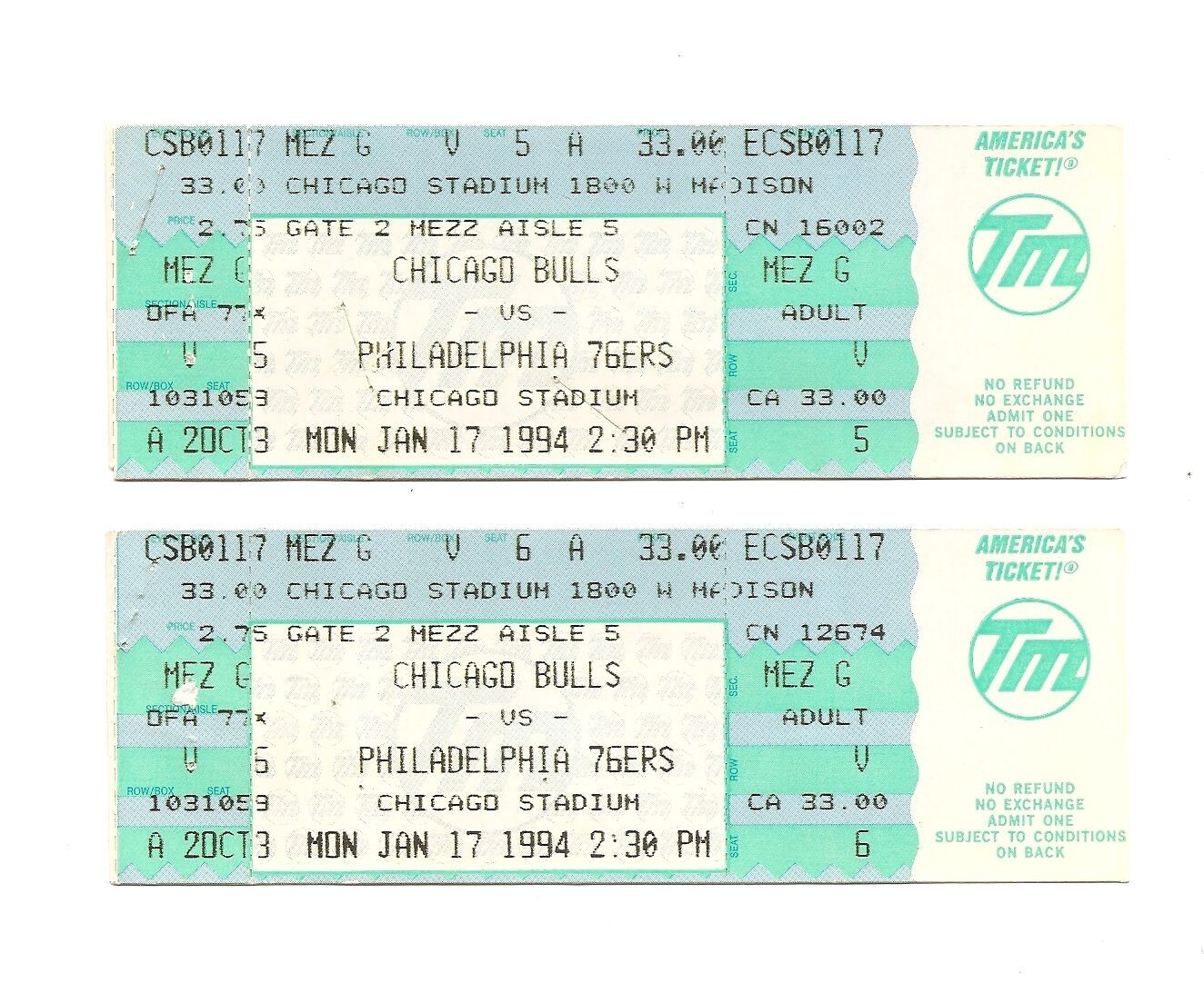 Chicago Bulls vs Philadelphia 76ers Unused Basketball Tickets January 17, 1994