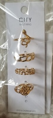 4 Piece Gold Ring Set - Snake, Chain Link, Stars, Hammered - Size 6.5