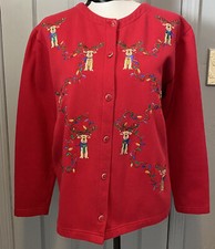 Karen Scott Vntg Christmas Sports Cardigan M Red Embroidered Reindeer Button Up
