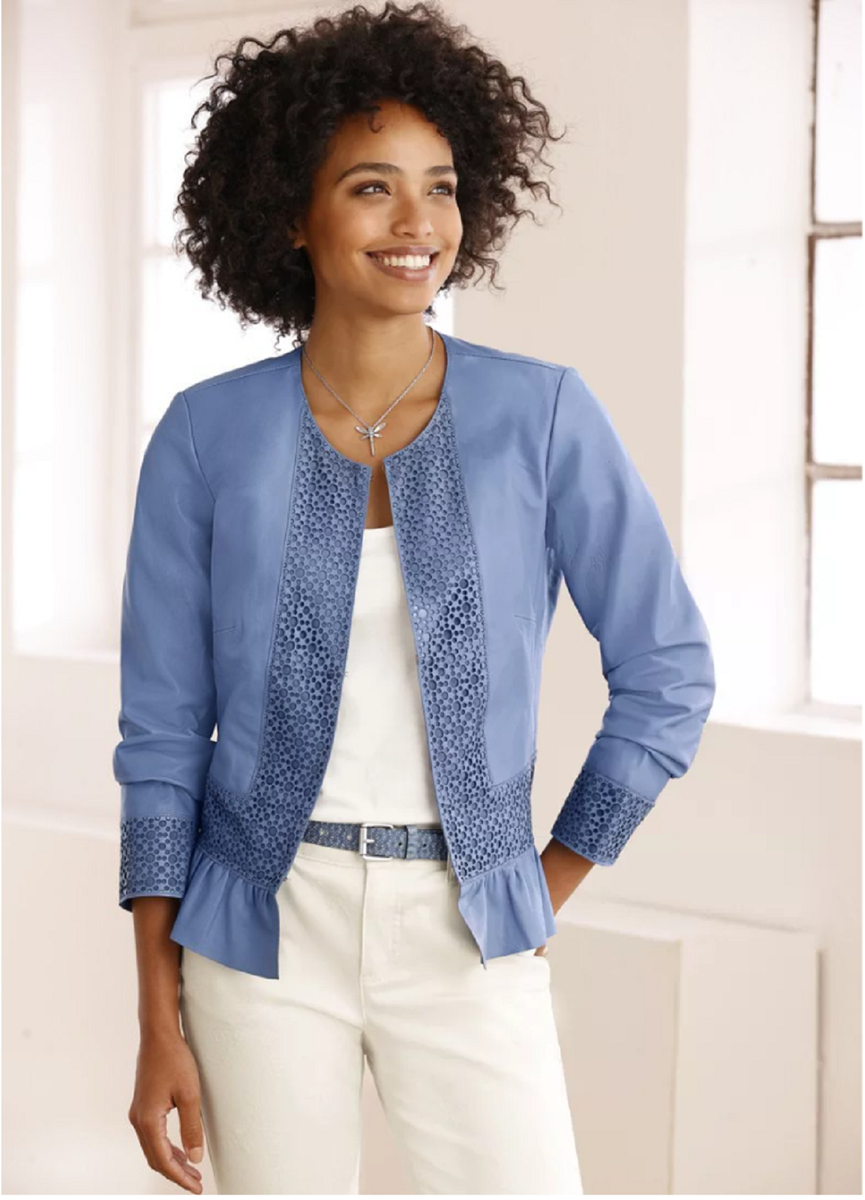 Line Tesini by HEINE Size Blue Genuine Leather Frill Jacket NEW