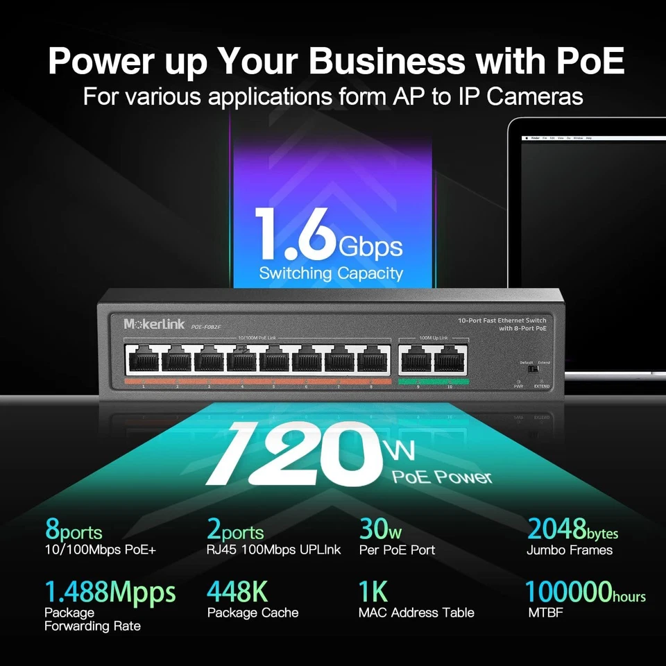 Conmutador Poe de 10 Puertos con 8 Puertos Poe+, 2 Fast Ethernet Uplink, 100Mbps, 120W 802.3 Foto 2 de 4