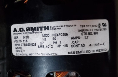 A.O.SMITH 14T8 HE4F020N STK# 680 115V HZ60 1.7 AMPS 1PH 1/8HP