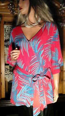 IMAN NEW NWT PLUS 2X RESORT TROPICAL LIQUID KNIT BLOUSE TOP RED TEAL WATERCOLOR