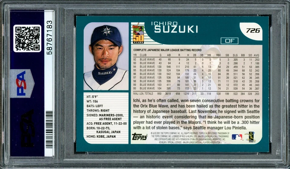 ICHIRO SUZUKI ⚾️2001 TOPPS RC MARINERS AUTO ✍️GRADE MINT 9 PSA/DNA; view 2