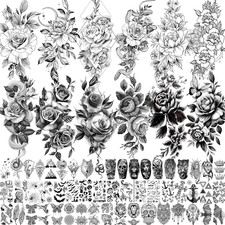 65 Sheets Black Realistic Flower Temporary Tattoos for Women Arm Thigh, 3D Fake
