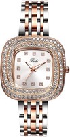 Damen Armbanduhr Rosegold Edelstahl Strass Quadrat Analog Quarz Silber