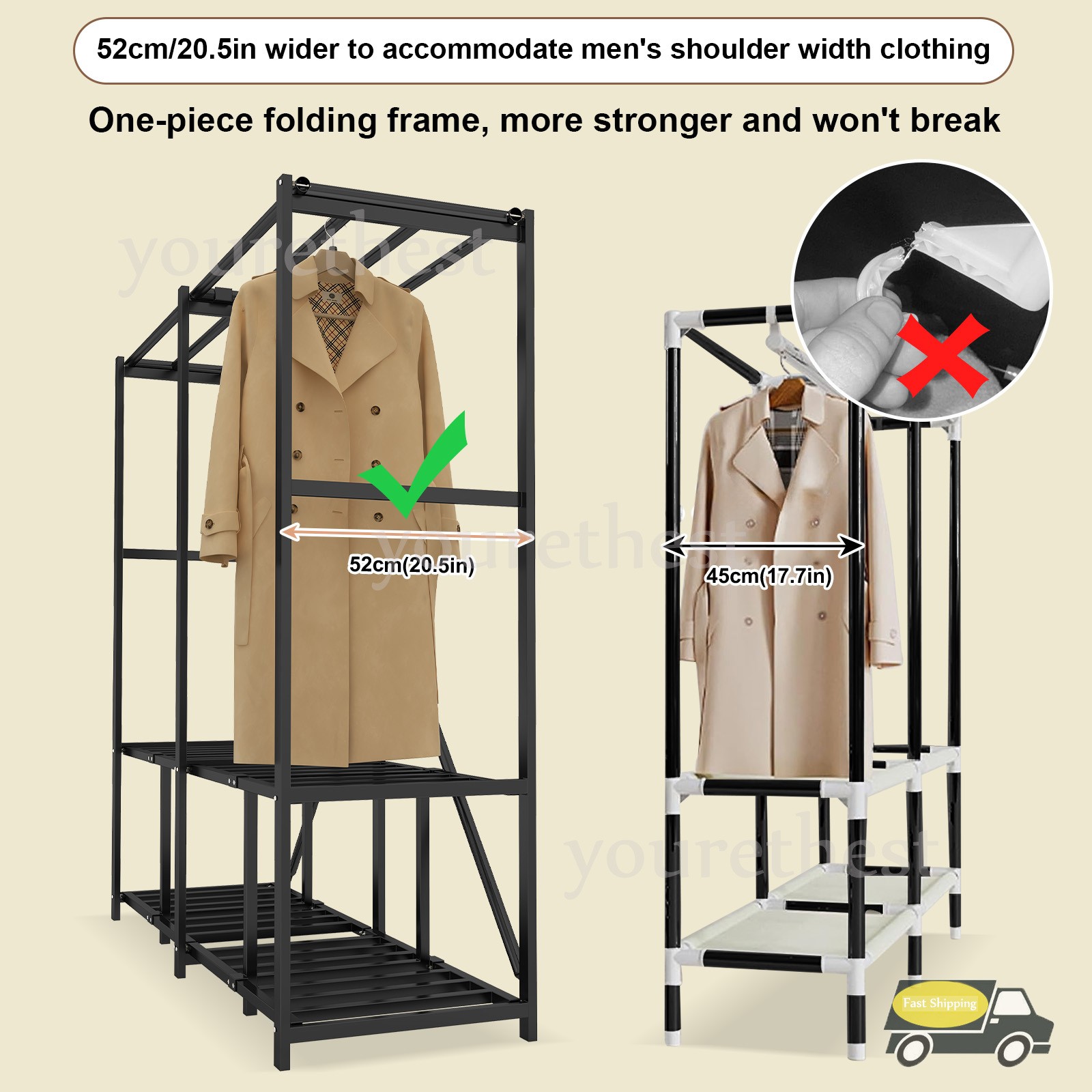 66" Assembled Wardrobe Closet Portable Closet System w/Cover Heavy Duty 3000 Lbs