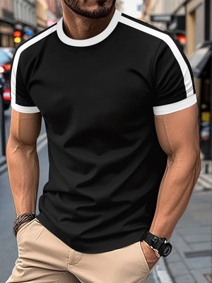 Summer men's T-shirt, shoulder color striped design, casual versatile solid colo