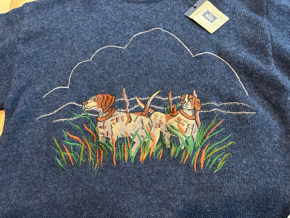 Vintage Woolrich Sweater NWT 100% Wool Blue Embroidered Hunting Dogs Mens XL - Image 4 of 4