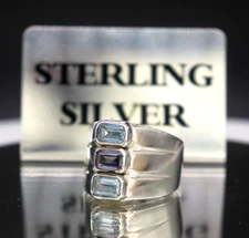 Vintage 10.2gr Sterling Silver Cigar Band Ring Blue Topaz & Amethyst - Size 5.75