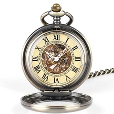 Vintage Mechanical Pocket Watch for Men – Skeleton Dial Manual Wind 14.8in Chain