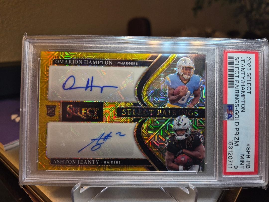 2025 Panini Select Ashton Jeanty Omarion Hampton RC AUTO GOLD PRIZM 2/10 PSA 9