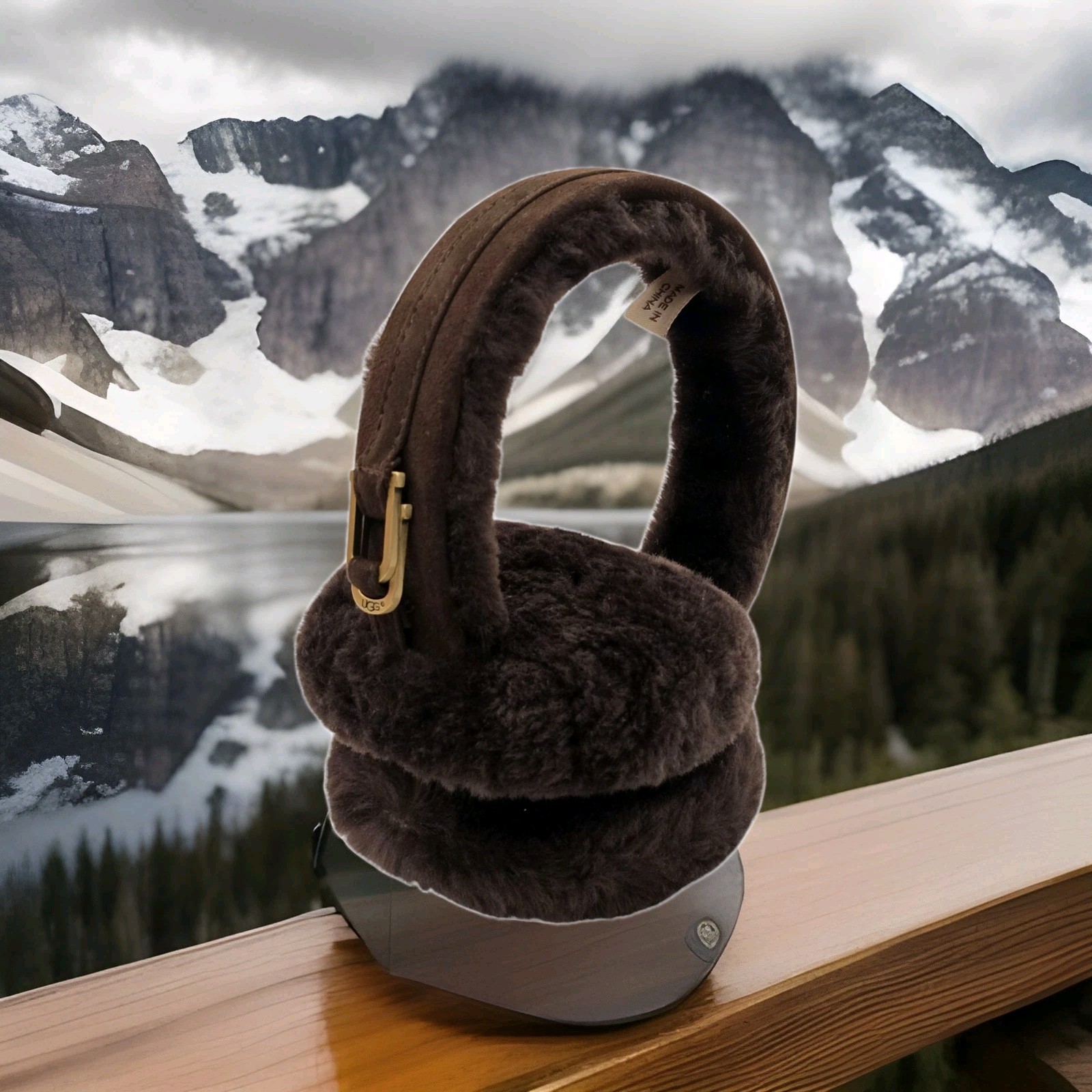 UGG Shearling Sheepskin Earmuffs Brown Real Fur Dyed Gold Accent Women's 