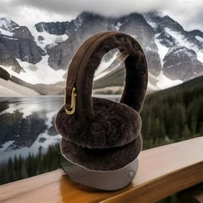 UGG Shearling Sheepskin Earmuffs Brown Real Fur Dyed Gold Accent Women's 