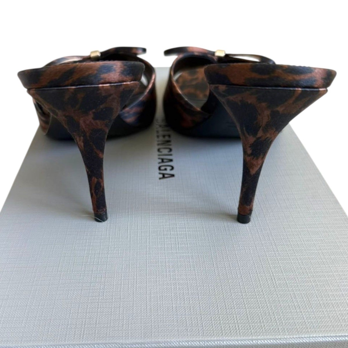 BALENCIAGA Knife Leopard Print Silk Bow Slide Mule Sandals, Size