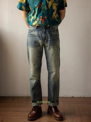 Red Tornado Men's Blue Denim Pants Wash Retro Straight Casual Distressed Jeans