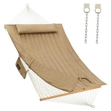 Outdoor Double Hammock with Hardwood Spreader Bars, Large Rope Hammock with Tan