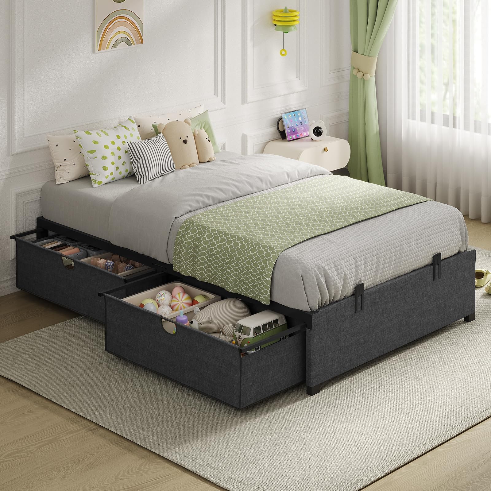 With 2 Large Storage Drawers Metal Slides,dark Grey & Black