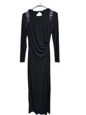 Chaps Formal Gown 2 Black Knee Slit Mesh Shoulder Accent