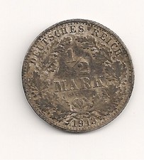 #A1054 German Empire World War I ASW 0.0802 oz SILVER Half Mark 1913A Cat. KM#17