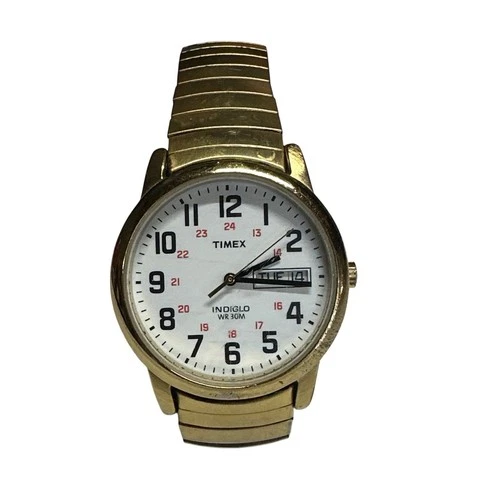 Vintage Timex Indiglo WR30m Mens Watch - WORKING - Flex Band Gold Tone