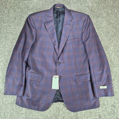NWT Canali Sport Coat Mens 44R (EU 54) Purple Windowpane Plaid 100% Wool Blazer