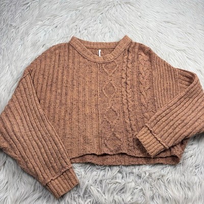 Free People Women's XS Brown On Your Side Cable Knit Crop Sweater Cabincore Boho