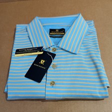 Camisa polo de golf Sakmann para hombre grande azul claro a rayas elastizada algodón pima