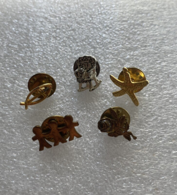 5 Assorted Mini LAPEL PINS Rose Fish Rocker Chair w/Bear Three People Starfish