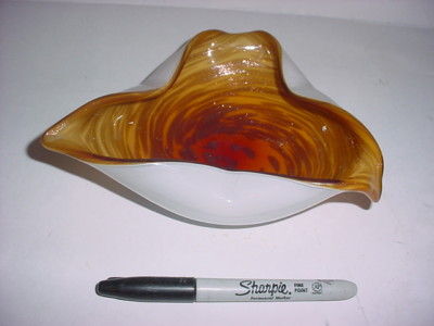 Vintage Murano Amber Three Cornered with Gold Flecks Curled Bowl 