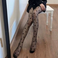 NEW LARGE POLKA DOT PRINT PANTYHOSE SHAPED STOCKINGS TIGHTS BLACK THIN SHEER