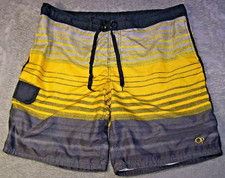 OP Ocean Pacific Swim Shorts Men's XL Extra Large Yellow Gray Striped Mesh Lined