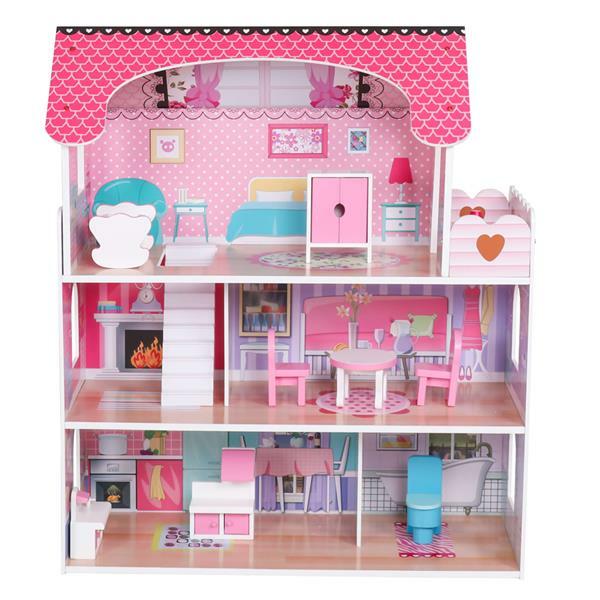 Pink Large Wooden Dollhouse Barbie Doll House w/Furniture Kid Pretend