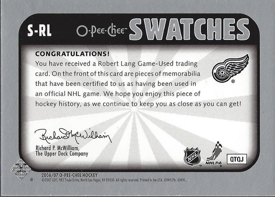 2006-07 O-Pee-Chee Swatches #SRL Robert Lang Jersey - NM-MT - Image 2 of 2