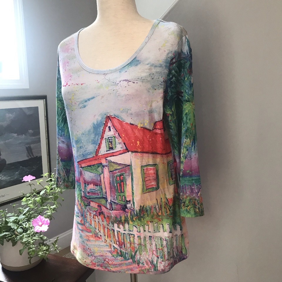 NWOT LEOMA LOVEGROVE Pullover Top “Summer Cottage” Blue Pink Size Small