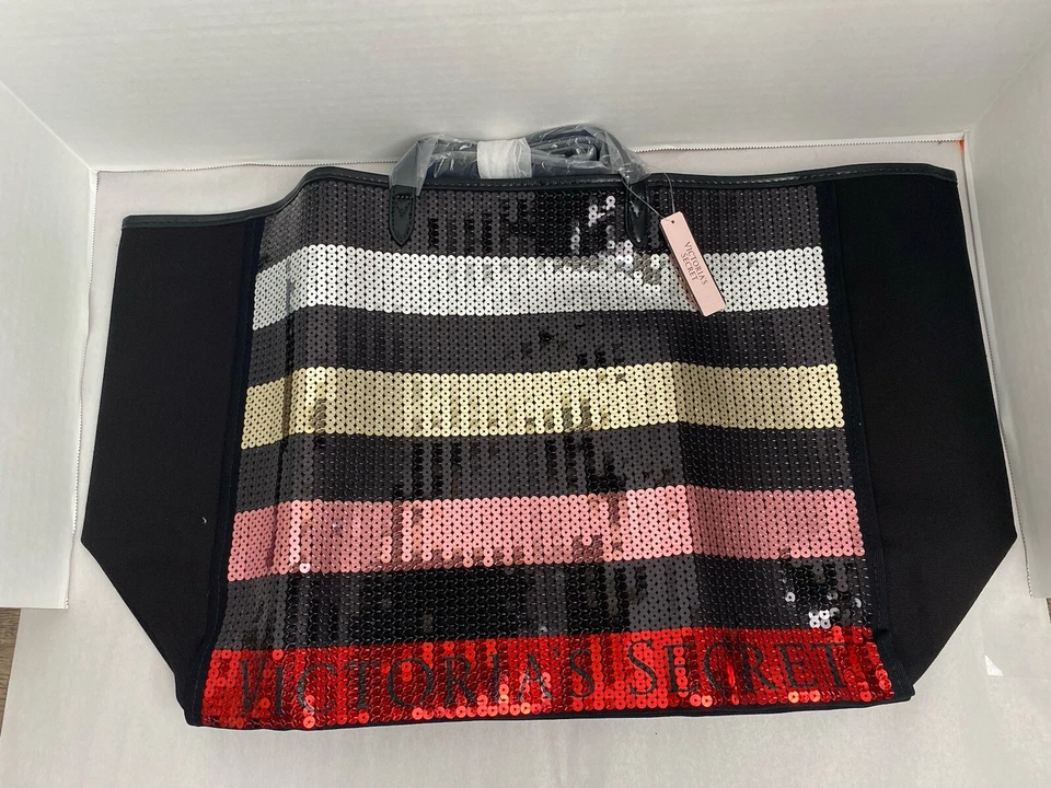 Victoria Secret Tote Bag Large Travel Sparkling Sequin Stripes w Makeup Wristlet - Image 2 of 4