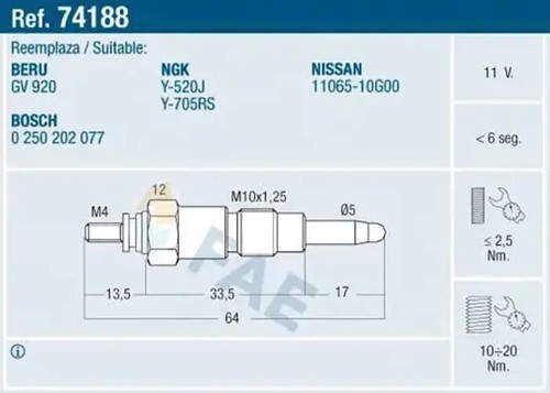 Lot De 4 Bougies De PréChauffage Pour Nissan Patrol III 3.3D / 2.5D - Référence 1106510G00