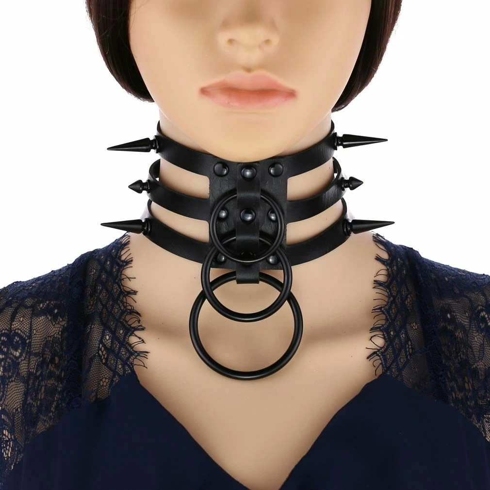 Black Rivet Leather Bondage Choker Punk Circle Spike Goth Emo Collar Necklace