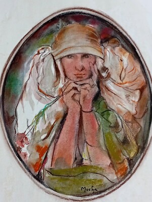 ALPHONSE MUCHA Drawing on paper (Handmade) signed and stamped mixed media.