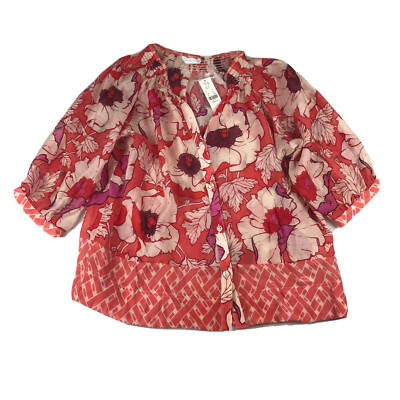 NY&C Shirt Womens Medium Orange Floral Button Up Peasant Top Sheer Blouse NWT
