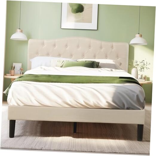 Size Bed Frame Upholstered Platform with Tufted Adjustable Queen Beige Classic