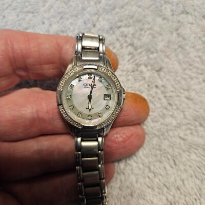 CITIZEN Ladies Eco-Drive SS Mother of Pearl Diamond Accent Watch WR100